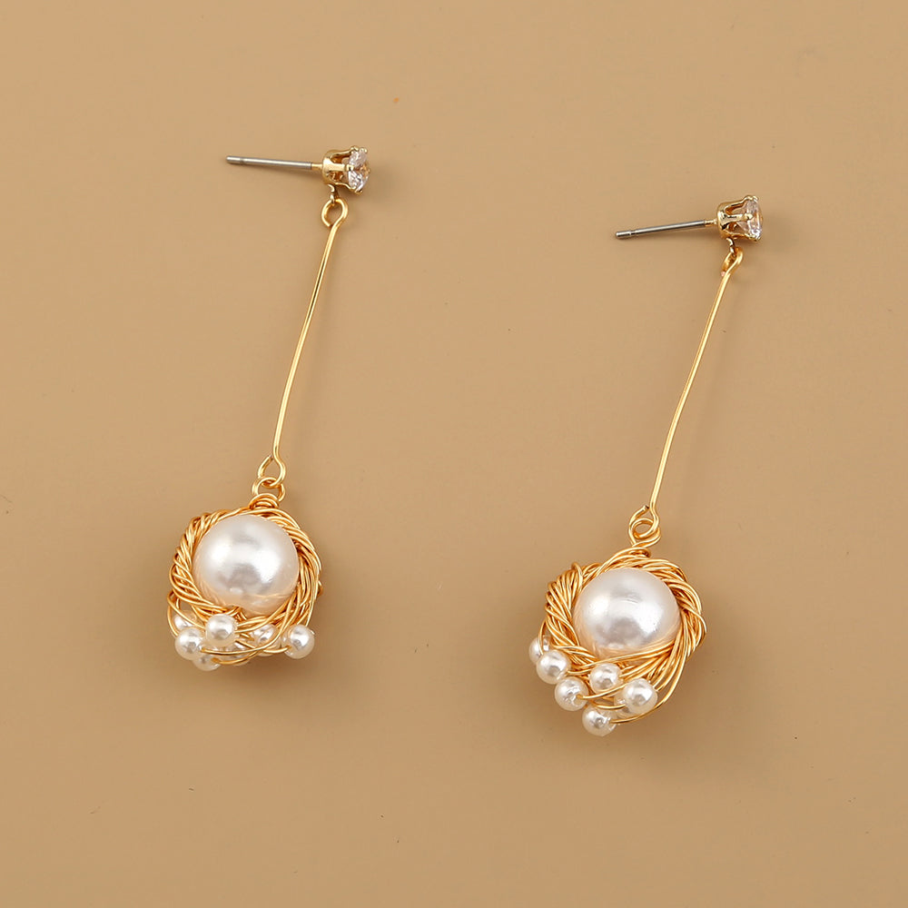 Gold Winding Charm FAUX Pearl Drop Earrings