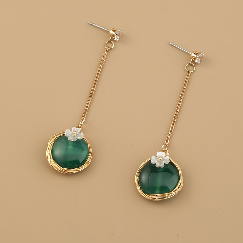 Round green artificial flower FAUX pearl drop earring