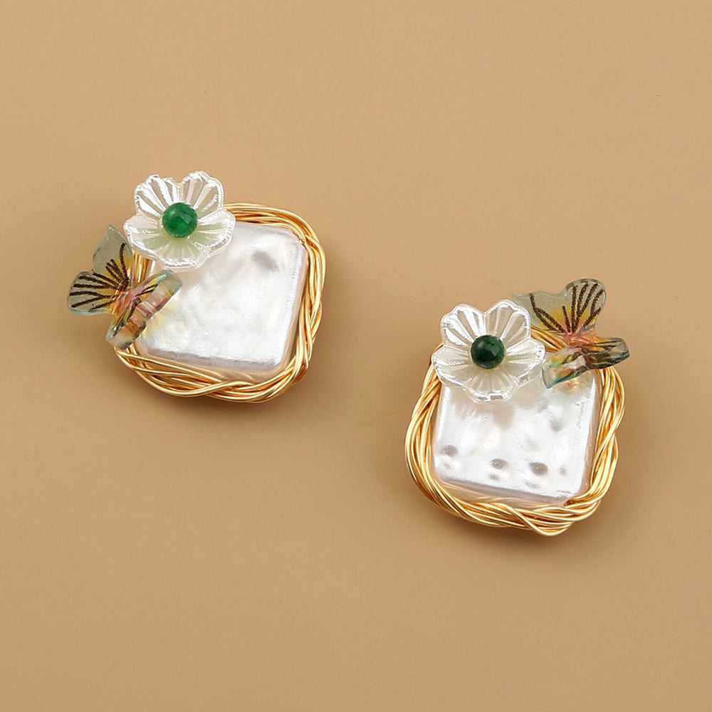 Flower & Butterfly Charm Design FAUX Pearl Stud Earrings