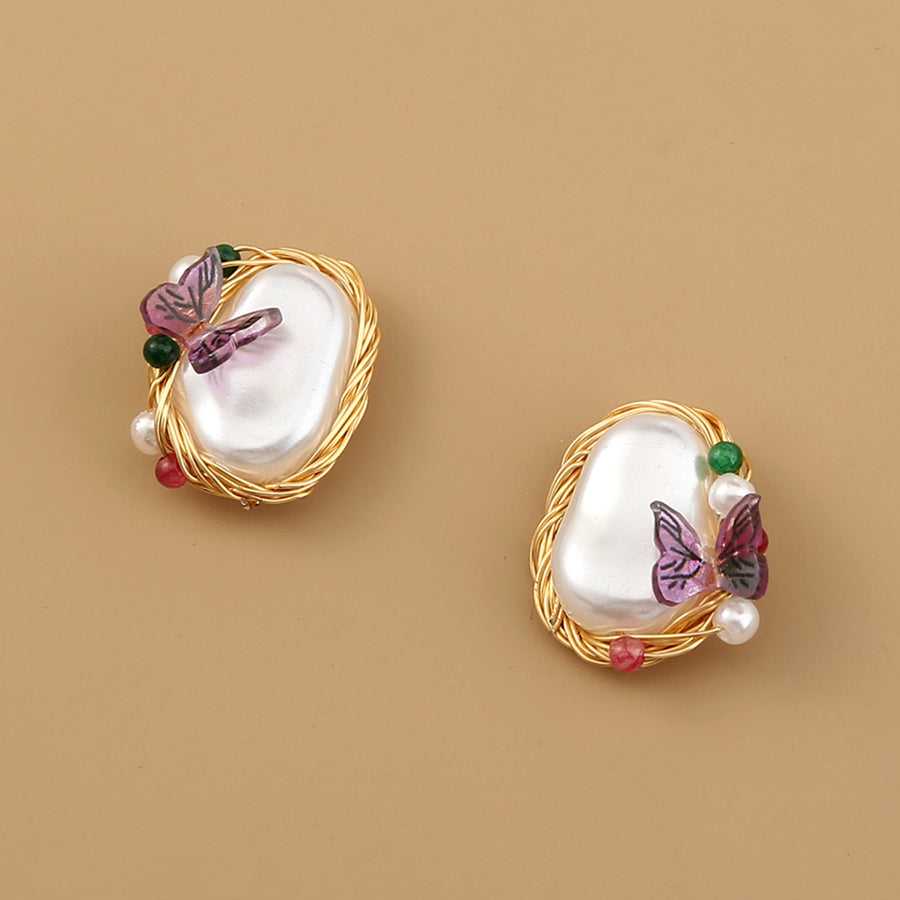 Purple Butterfly Charm Round FAUX Pearl Stud Earring