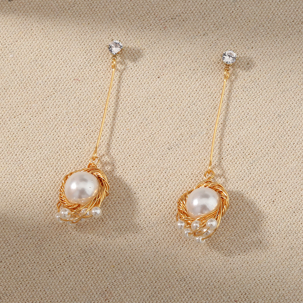 Gold Winding Charm FAUX Pearl Drop Earrings