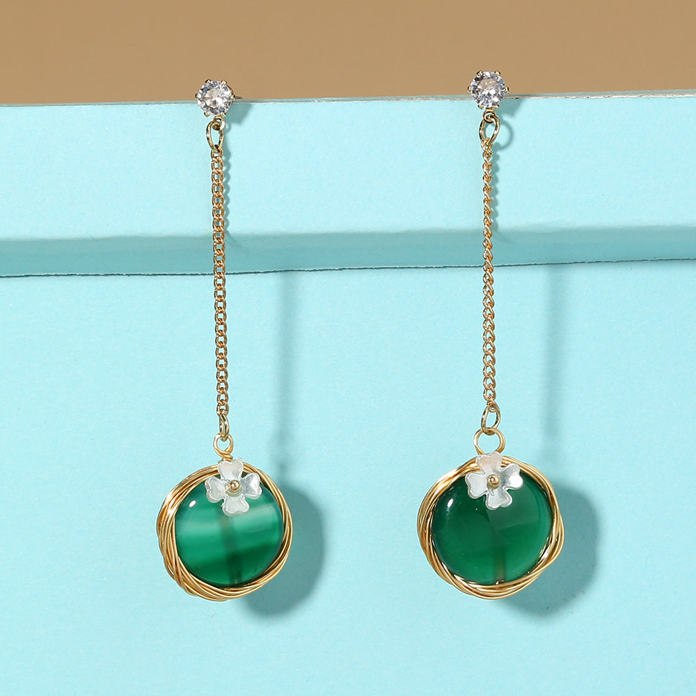 Round green artificial flower FAUX pearl drop earring