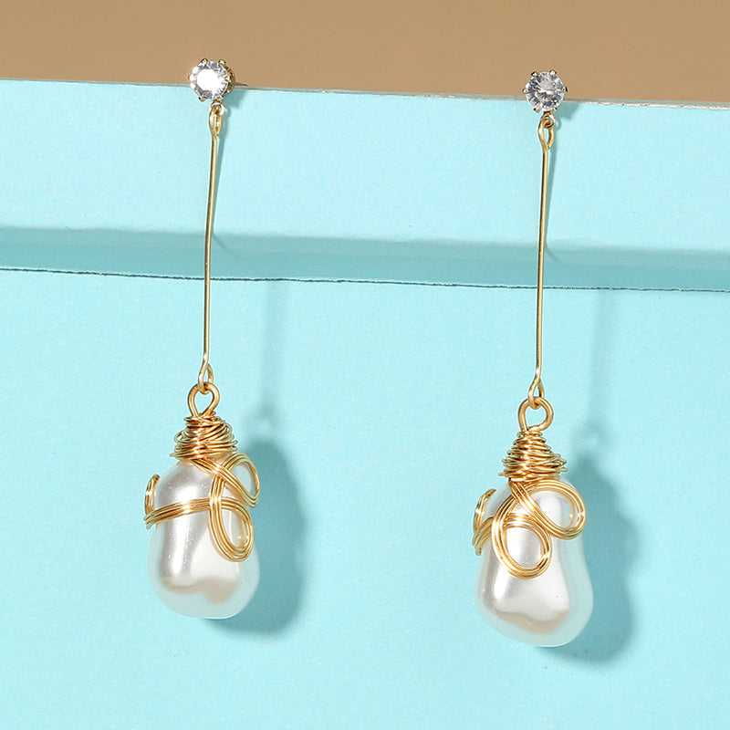 Long Charm Shaped FAUX Pearl Drop Earrings with gold Fringe