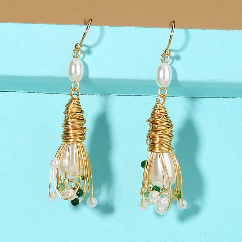 Long Vintage Gold Handmade Tassels FAUX Pearl Earrings