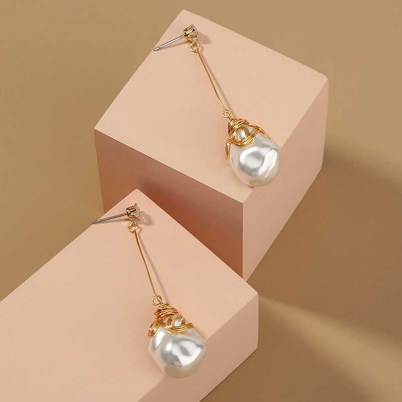 Long Charm Shaped FAUX Pearl Drop Earrings with gold Fringe