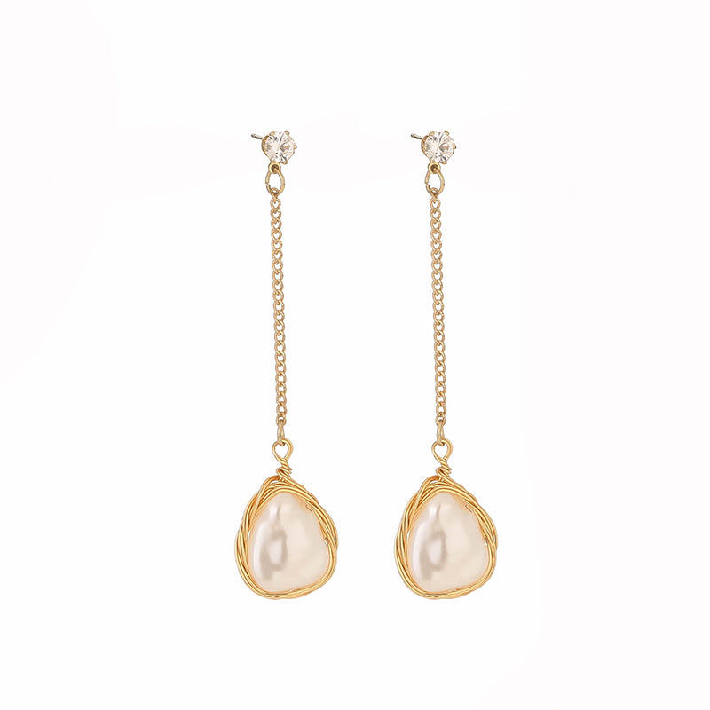 Long Gold FAUX Pearl Drop Earrings