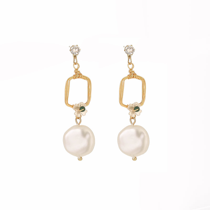 Flower Charm Square Drop FAUX Pearl Earring