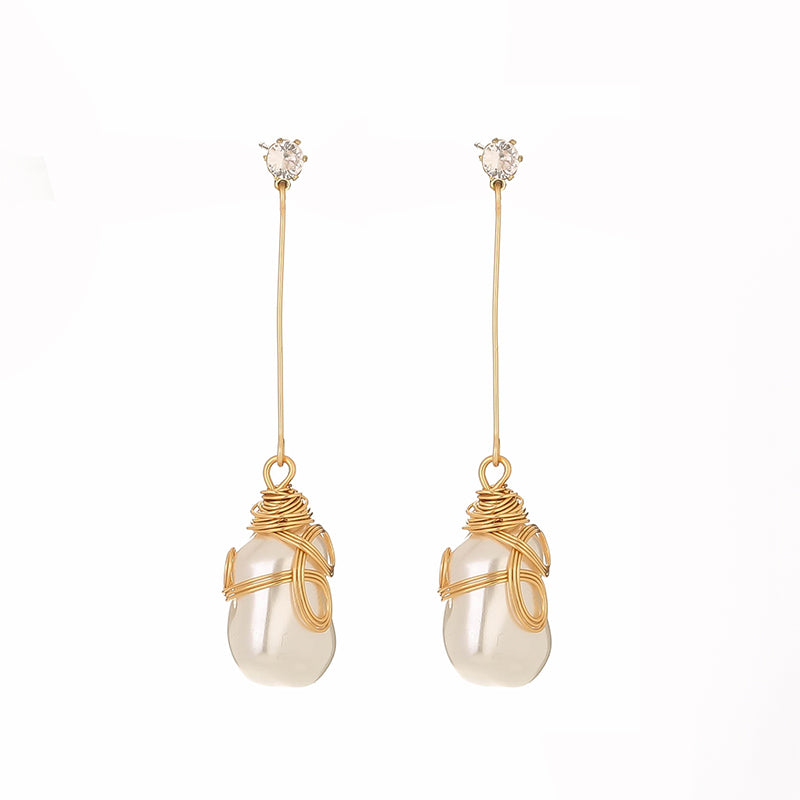 Long Charm Shaped FAUX Pearl Drop Earrings with gold Fringe