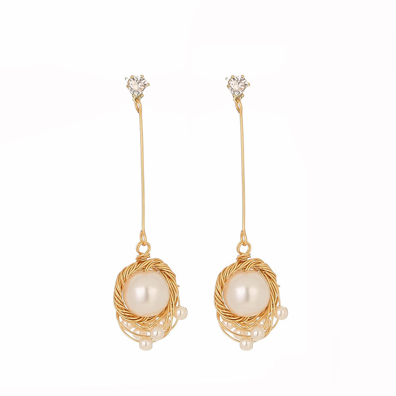 Gold Winding Charm FAUX Pearl Drop Earrings