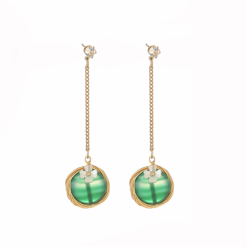 Round green artificial flower FAUX pearl drop earring