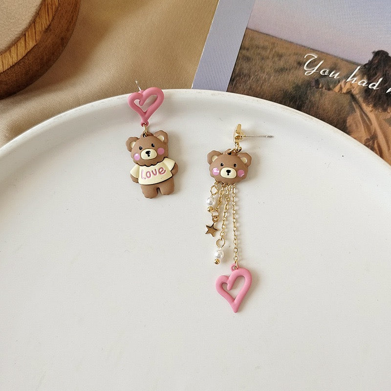 Cute Heart Bear Asymmetrical Earring