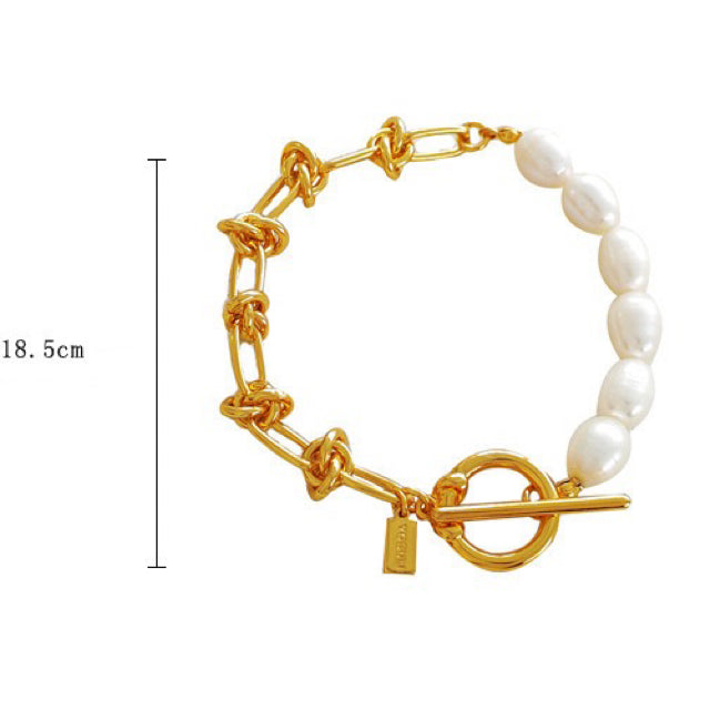 Vintage Gold Plated Copper OT Buckle Pearl Bracelet for Women