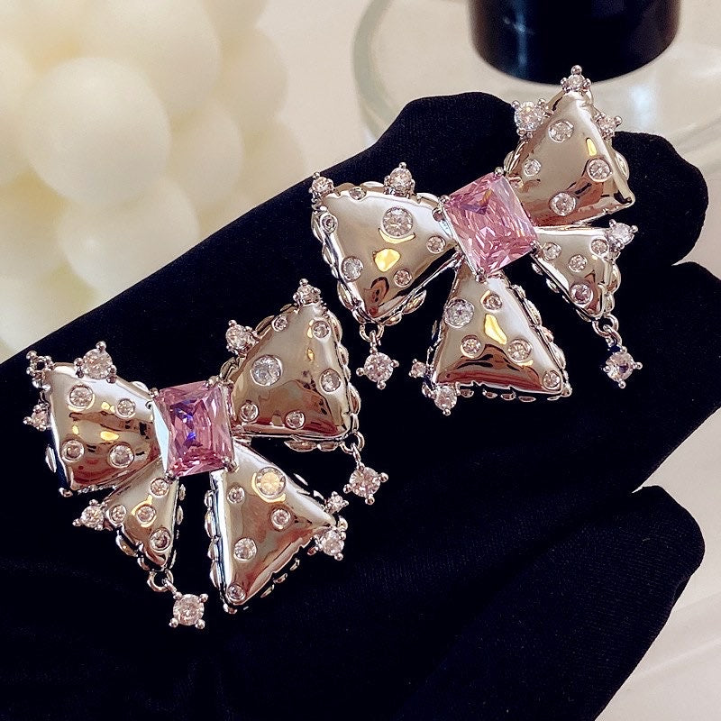 Pink Zircon Metal Bow Quality Stud Earrings