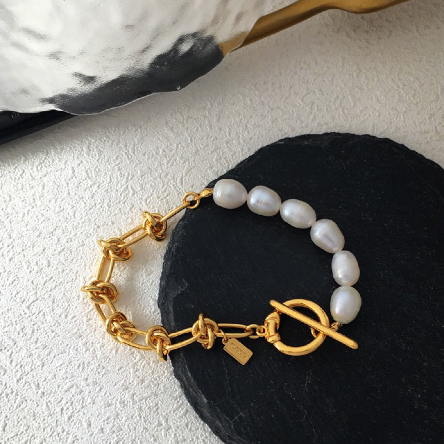 Vintage Gold Plated Copper OT Buckle Pearl Bracelet for Women