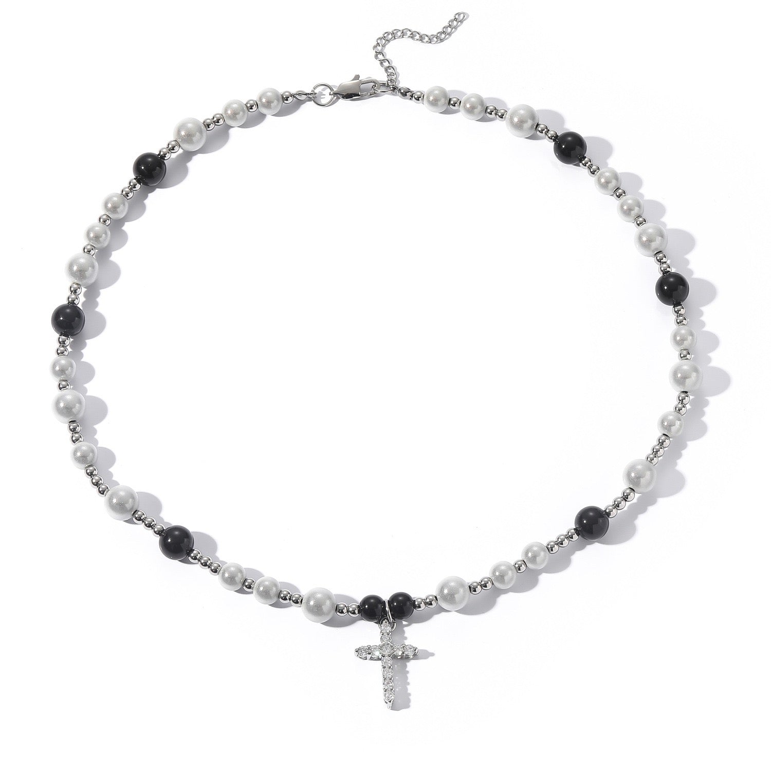 Black & White Pearls Stainless Steel Cross Pendant Necklace for Men