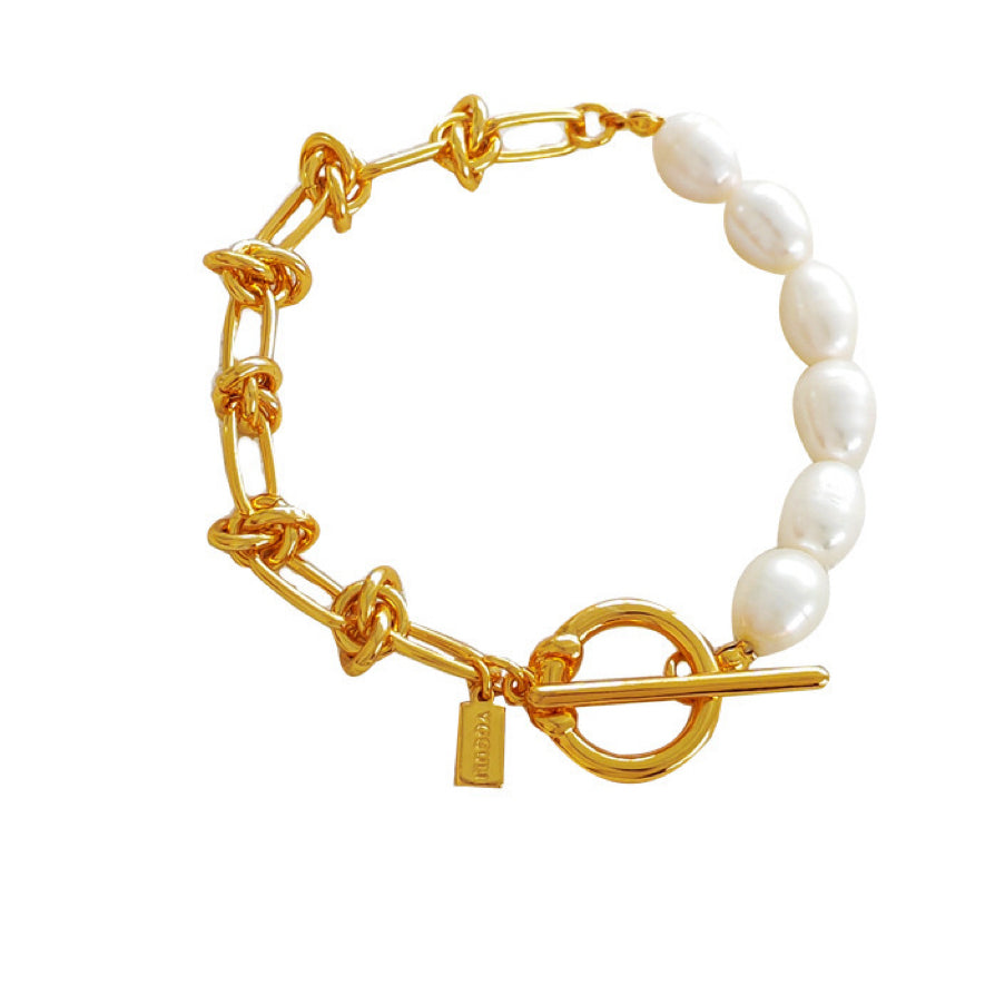 Vintage Gold Plated Copper OT Buckle Pearl Bracelet for Women