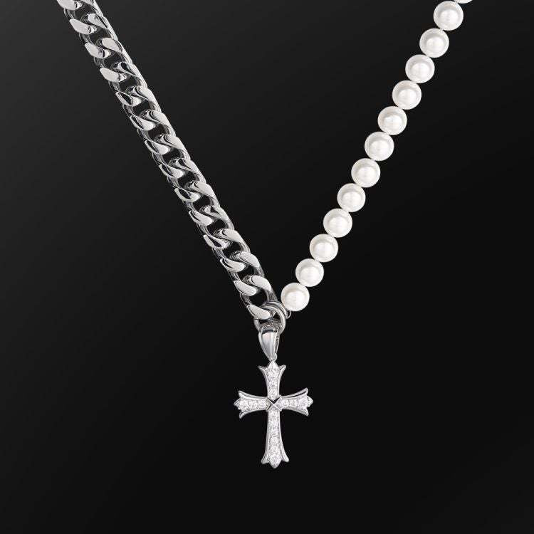 8mm Freshwater Pearl Beaded & Stainless Steel Cross Necklace for Men