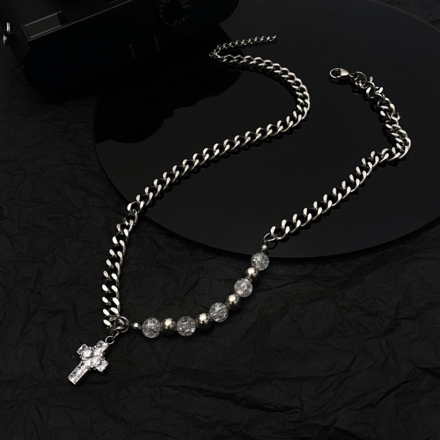 Titanium Steel Rhinestone Inlaid Cross Quban Chain Necklace for Men