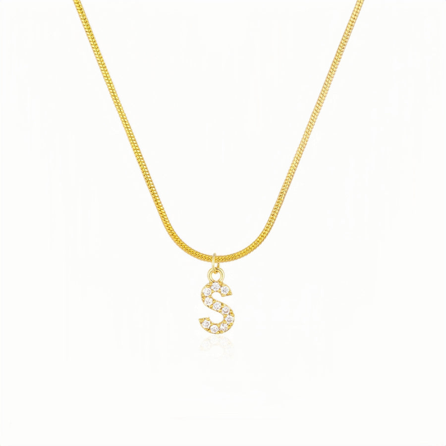 18K Gold Snake Herringbone Chain with A-Z Alphabet Letter Pendant Necklace