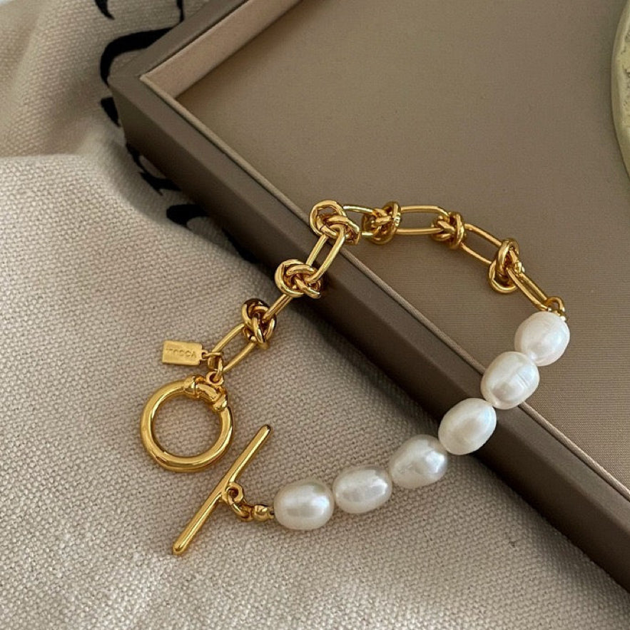 Vintage Gold Plated Copper OT Buckle Pearl Bracelet for Women