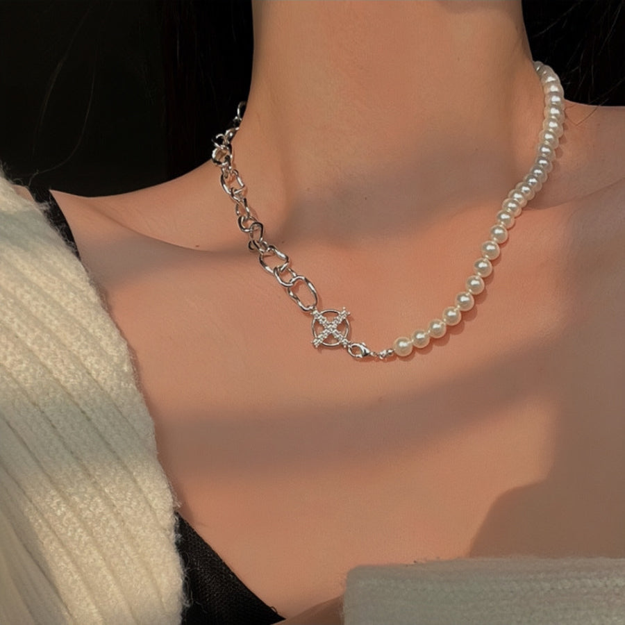 Asymmetric Pearl Chain Beaded Zircon Inlaid Cross Choker Necklace