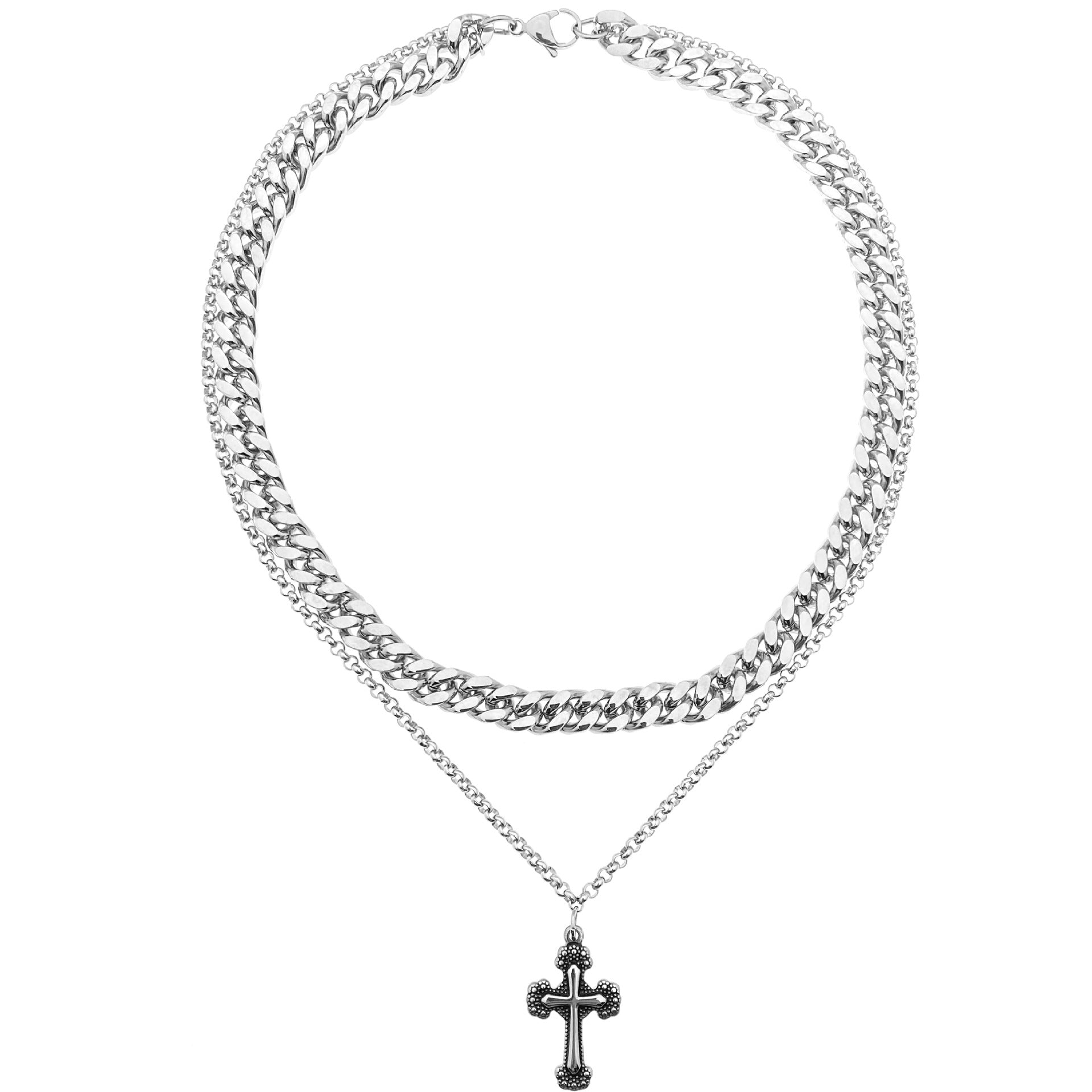 Titanium Steel Carved Cross Double Layered Pendant Necklace for Men