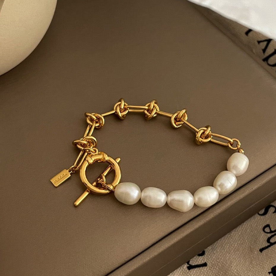 Vintage Gold Plated Copper OT Buckle Pearl Bracelet for Women