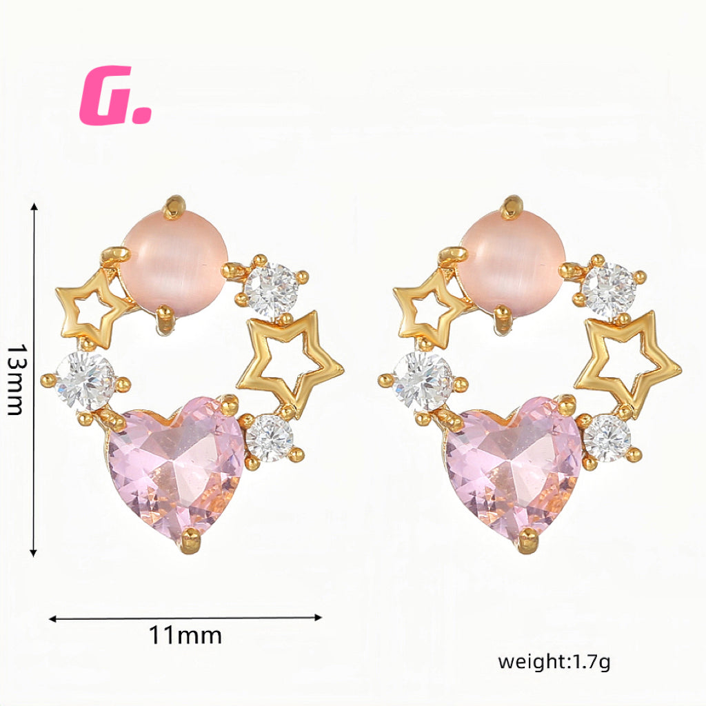 Pink Heart & Zircon Earrings