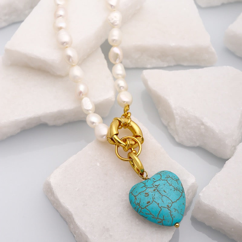 Freshwater Pearl Turquoise Heart Pendant Necklace