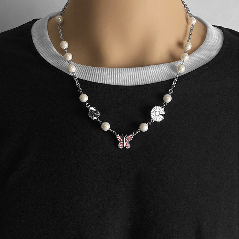 Stainless Steel Pearl Butterfly Pendant Necklace