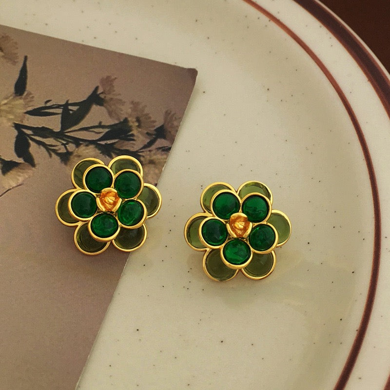 Vintage Real Gold Plated Green Flower New Pierced Earring