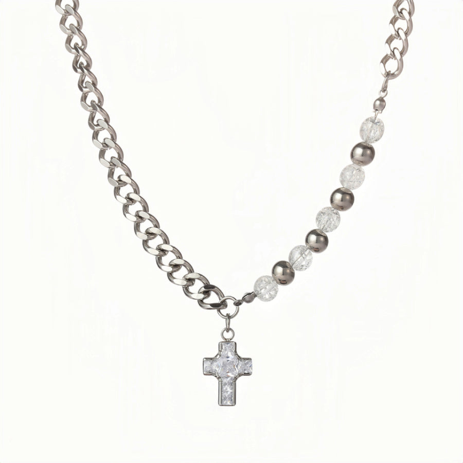 Titanium Steel Rhinestone Inlaid Cross Quban Chain Necklace for Men