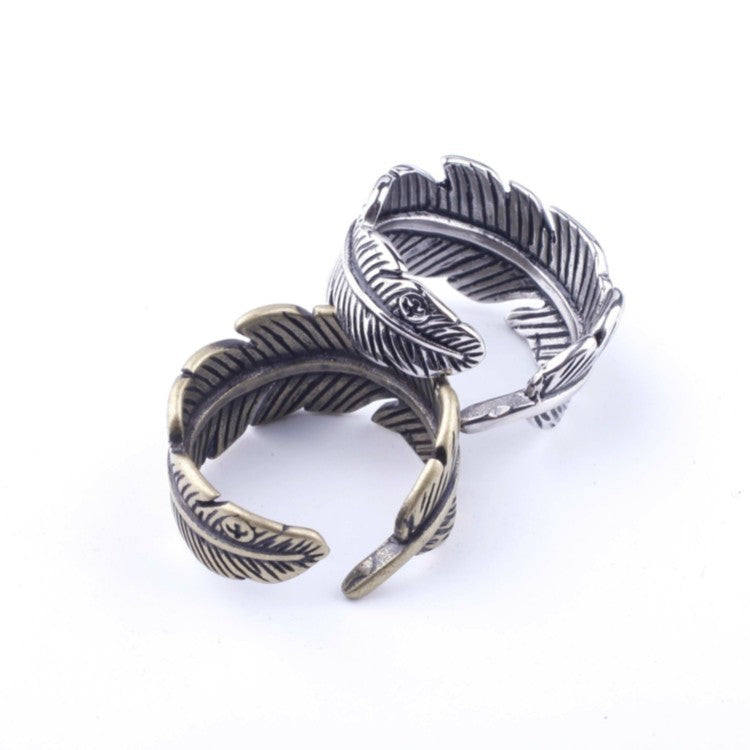 Vintage Titanium Steel Feather Open Ring for Men