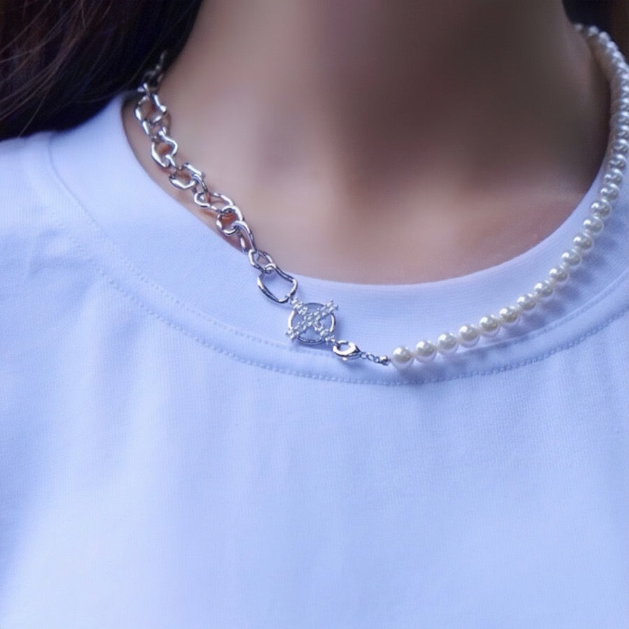 Asymmetric Pearl Chain Beaded Zircon Inlaid Cross Choker Necklace