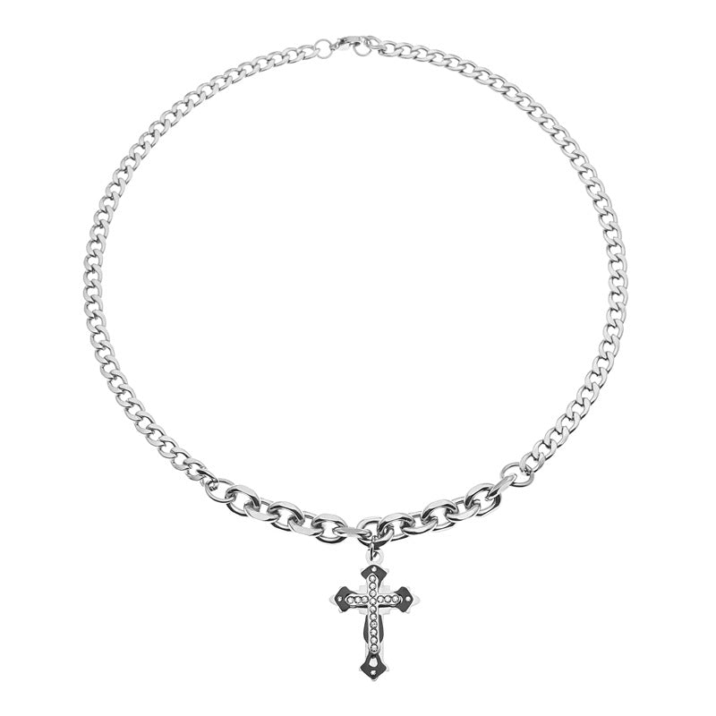 Titanium Steel Black & White Cross Pendant Necklace