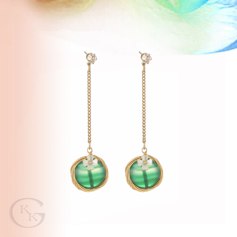Round green artificial flower FAUX pearl drop earring