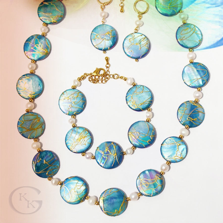 Vacuum Coating Ocean Series Blue Shell Beaded Necklace Bracelet Earrings Set