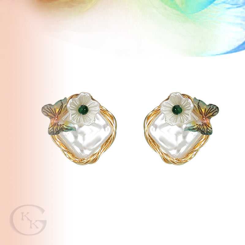 Flower & Butterfly Charm Design FAUX Pearl Stud Earrings