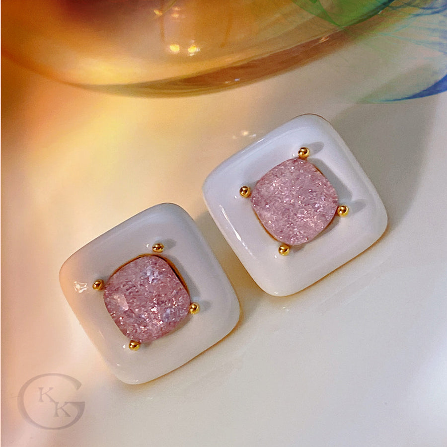 White Enamel Glaze Block Pink Zircon Pierced Earring