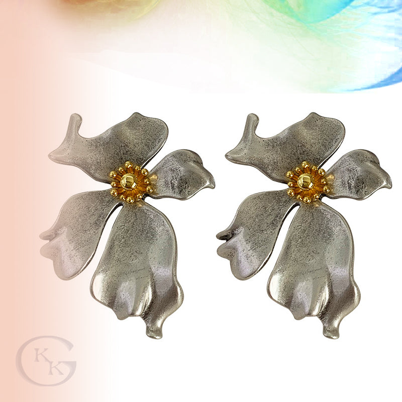 Vintage Large Metal Flower Pierced Earrings