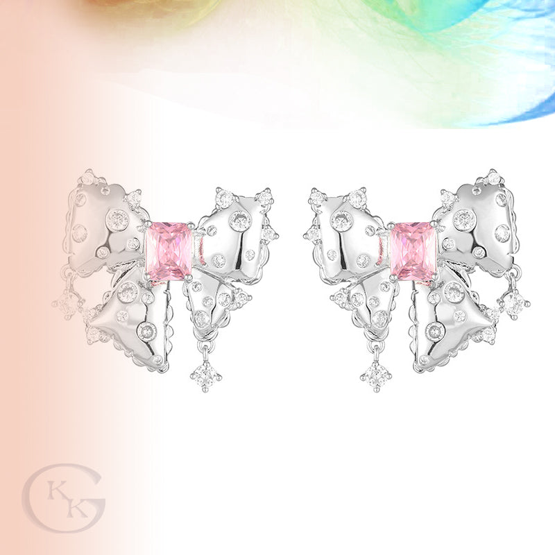 Pink Zircon Metal Bow Quality Stud Earrings