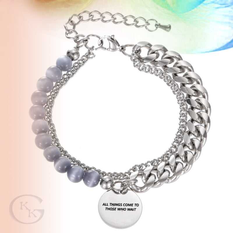 Gray Blue Cats-Eye Beads Double Layered Chain Bracelet