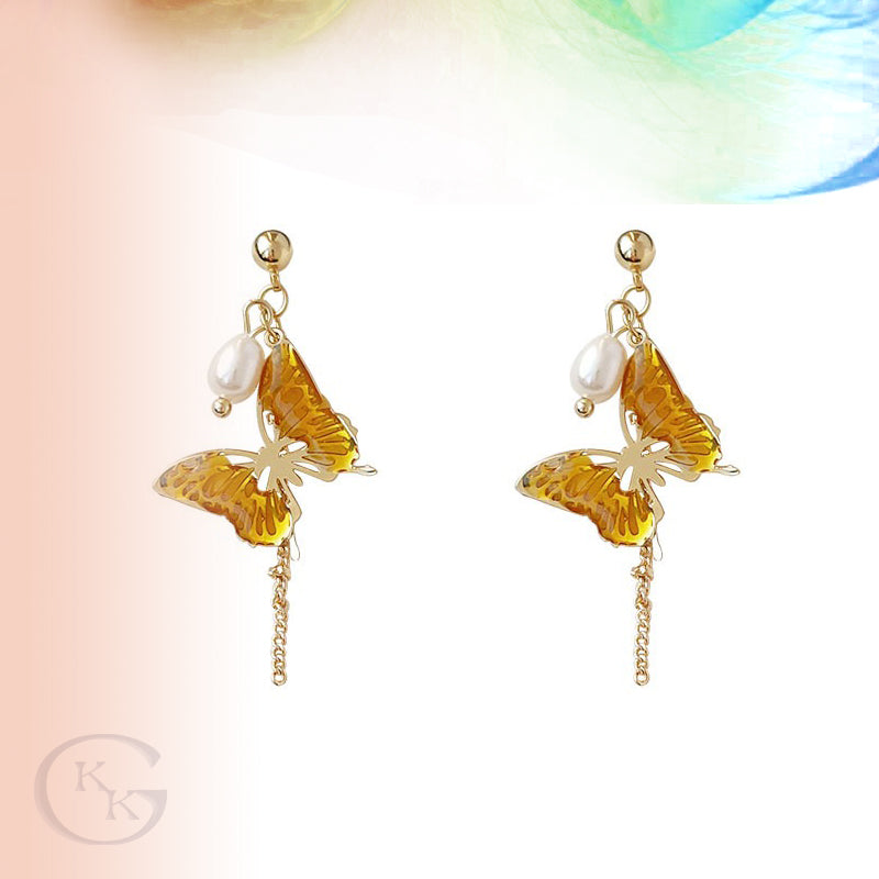 Handmade Amber Texture Butterfly Pierced Earrings