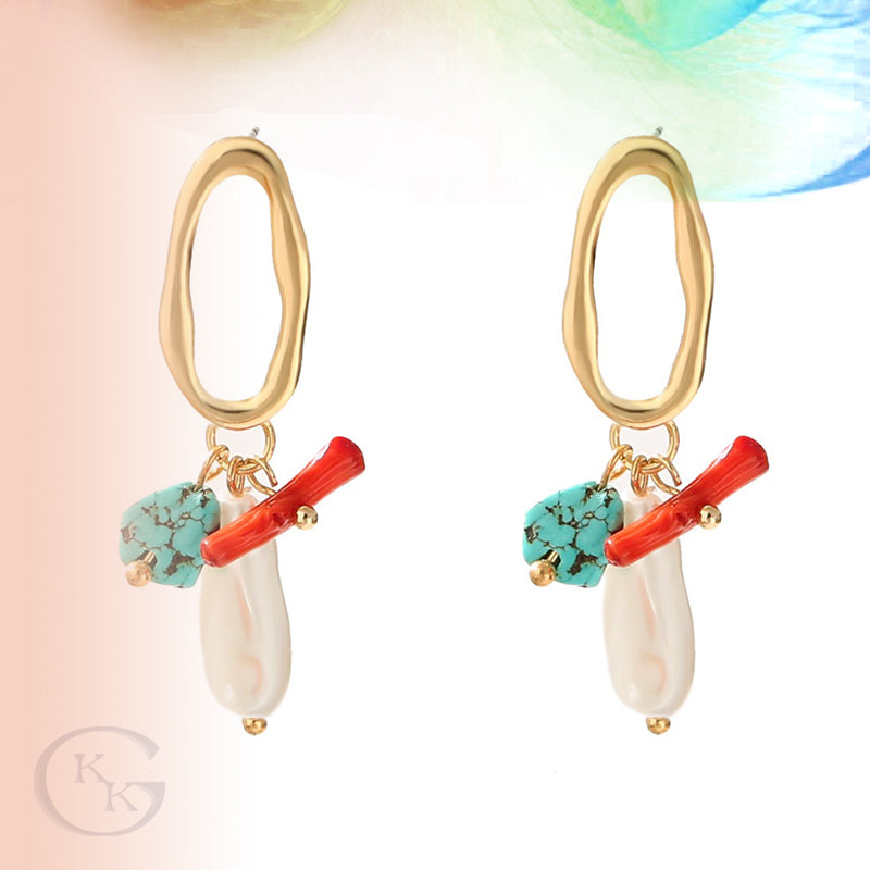 Natural Turquoise & Coral Stone Drop Earrings