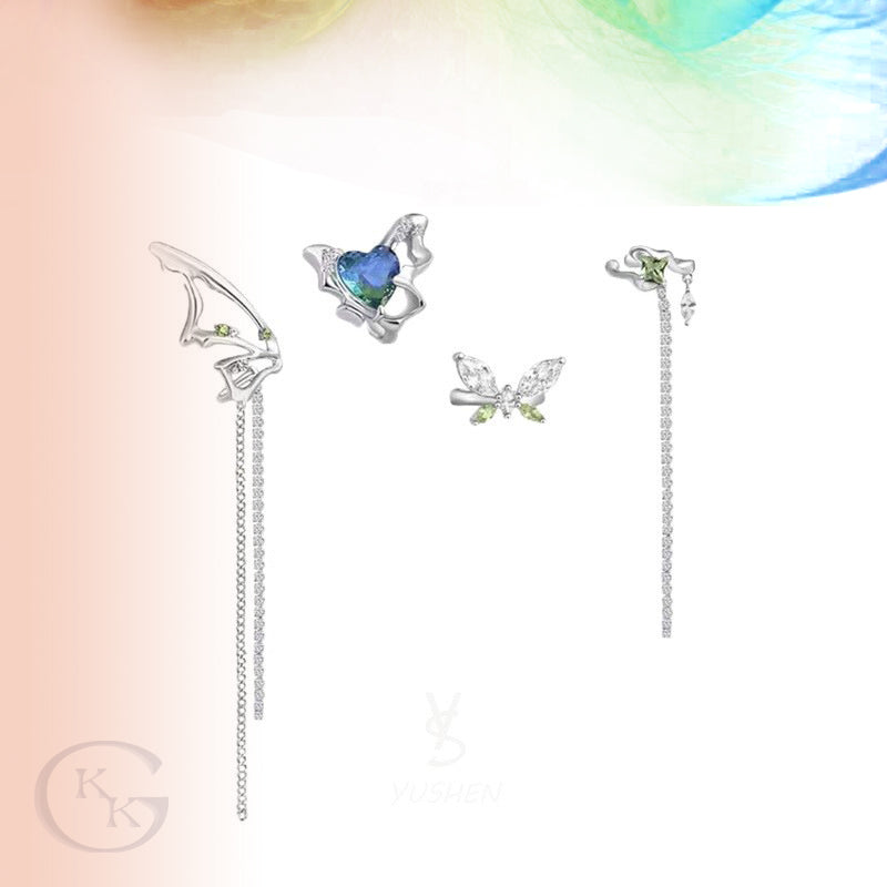 Metal Butterfly Blue Zircon Inlaid Ear Bone Clip Earrings Set