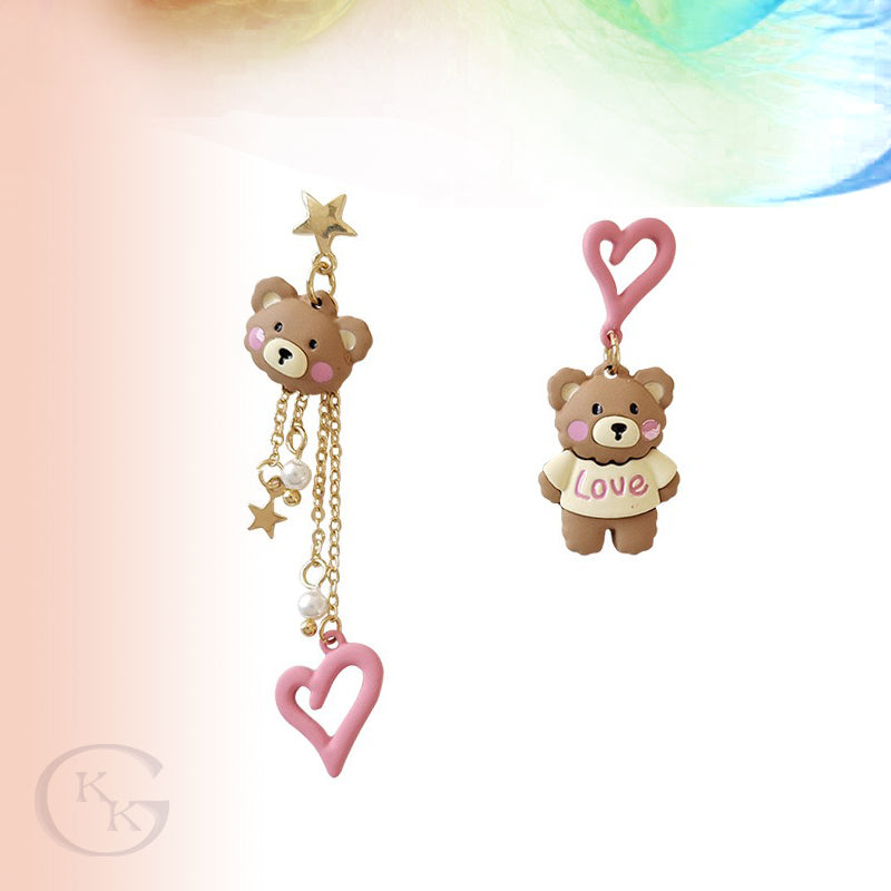 Cute Heart Bear Asymmetrical Earring