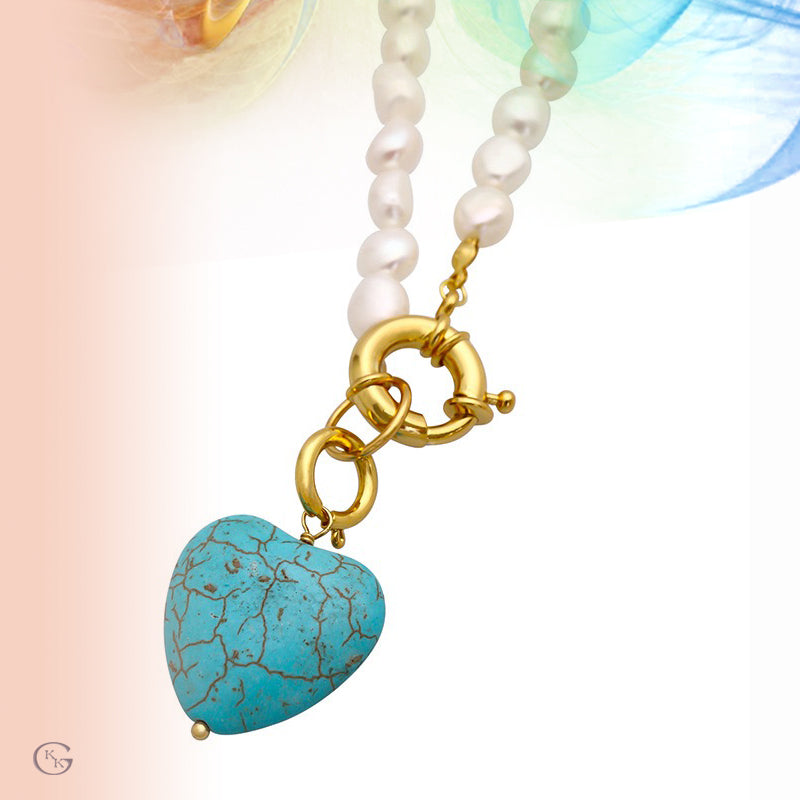 Freshwater Pearl Turquoise Heart Pendant Necklace