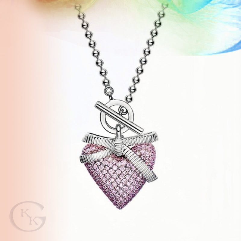 Heart Necklace With Pink Zircon & Bow Decor