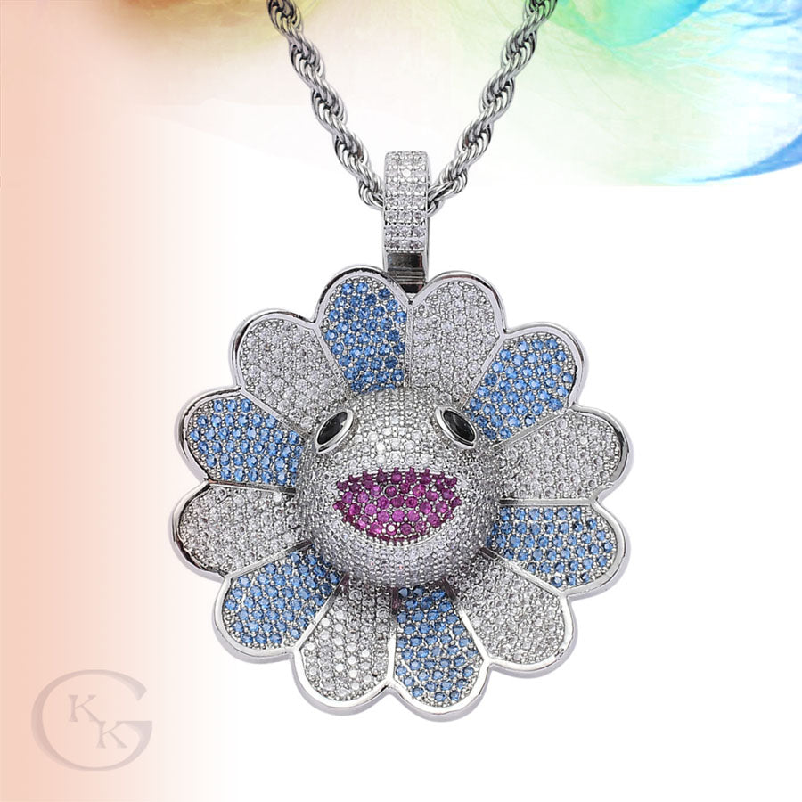 Zircon Inlaid Copper & Rotatable Colorful Sun Flower Pendant Necklace