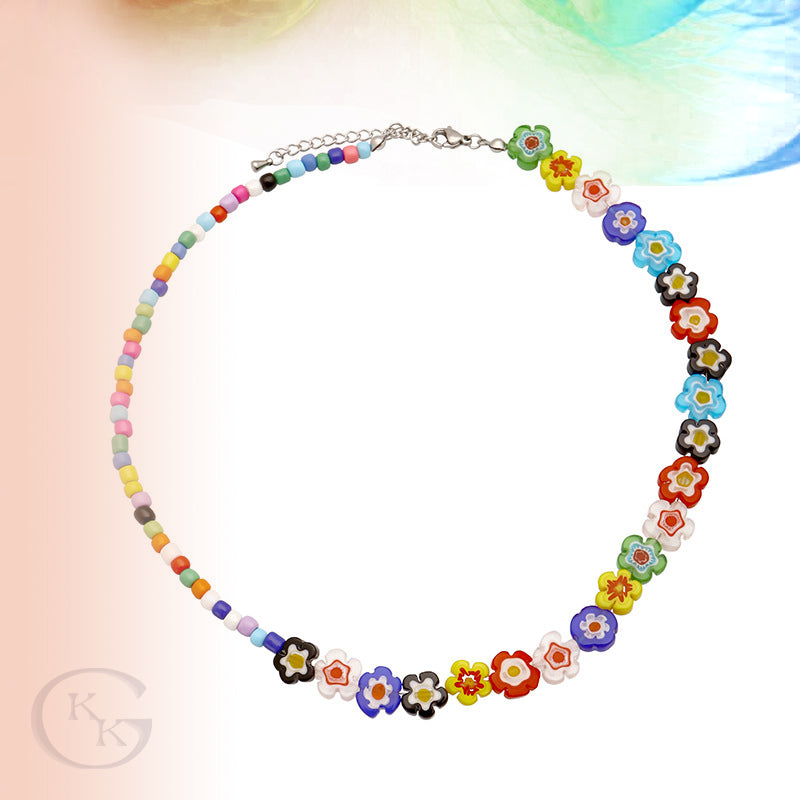 Flower Coloured Glaze Mix-Color Beads Beaded Necklace